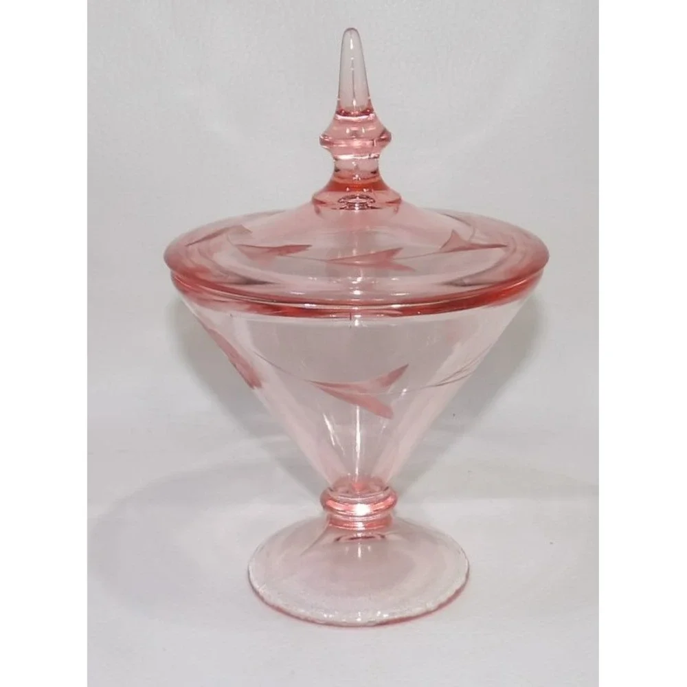 Vintage Lancaster Pink Depression Glass Etched Candy Dish Lidded Footed Compote